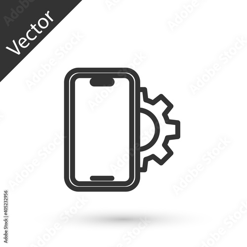 Grey line Phone repair service icon isolated on white background. Adjusting, service, setting, maintenance, repair, fixing. Vector.