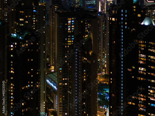 Residential skyscraper buildings at Hong Kong city. Night cityscape