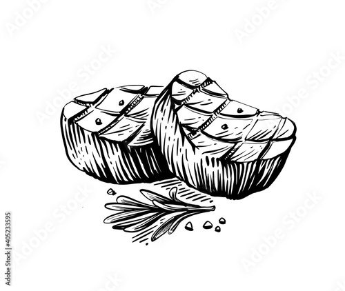 Steak on table with rosemary and salt. Sketch style