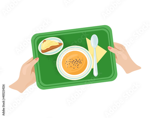 Woman hand hold tray with foodstuff plate kitchen utensils, light breakfast foodstuff flat vector illustration, isolated on white. Concept dinner food dish, canteen edible soup meal.