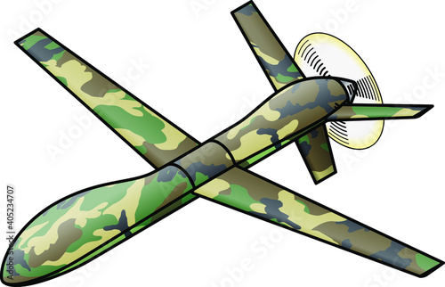 A remotely operated propeller-driven military surveillance drone. In army/camouflage pattern.