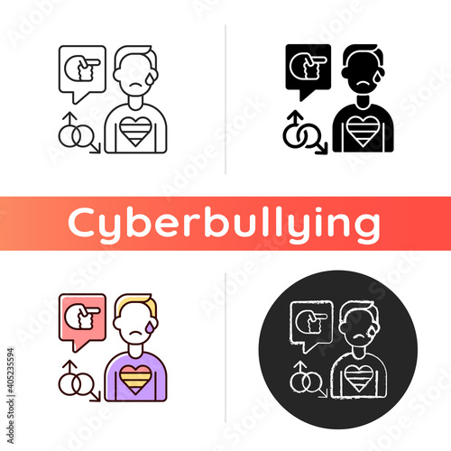 LGBT cyberbullying icon. Transphobic and homophobic offensive comments. Online harassment. Gay, transgender discrimination. Linear black and RGB color styles. Isolated vector illustrations