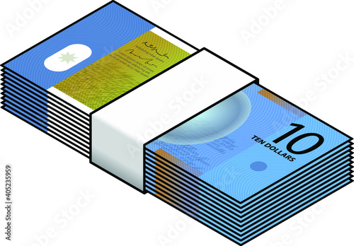 A bundle of colourful $10 bank notes / paper / polymer money.