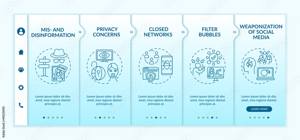 Social media challenges for journalist onboarding vector template. Privacy concerns. Filter bubbles. Responsive mobile website with icons. Webpage walkthrough step screens. RGB color concept
