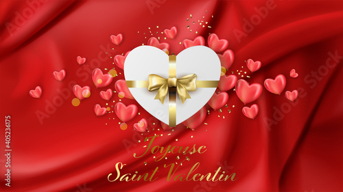carte ou bandeau sur joyeuse saint valentin en or sur un fond rouge en dégradé avec un cadeau en forme de coeur blanc et son noeud or et pleins de petits coeurs rose autour