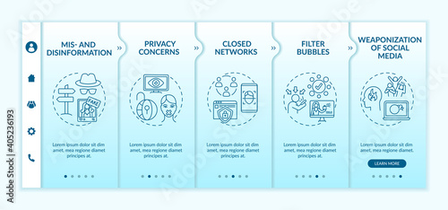 Social media challenges for journalist onboarding vector template. Privacy concerns. Filter bubbles. Responsive mobile website with icons. Webpage walkthrough step screens. RGB color concept