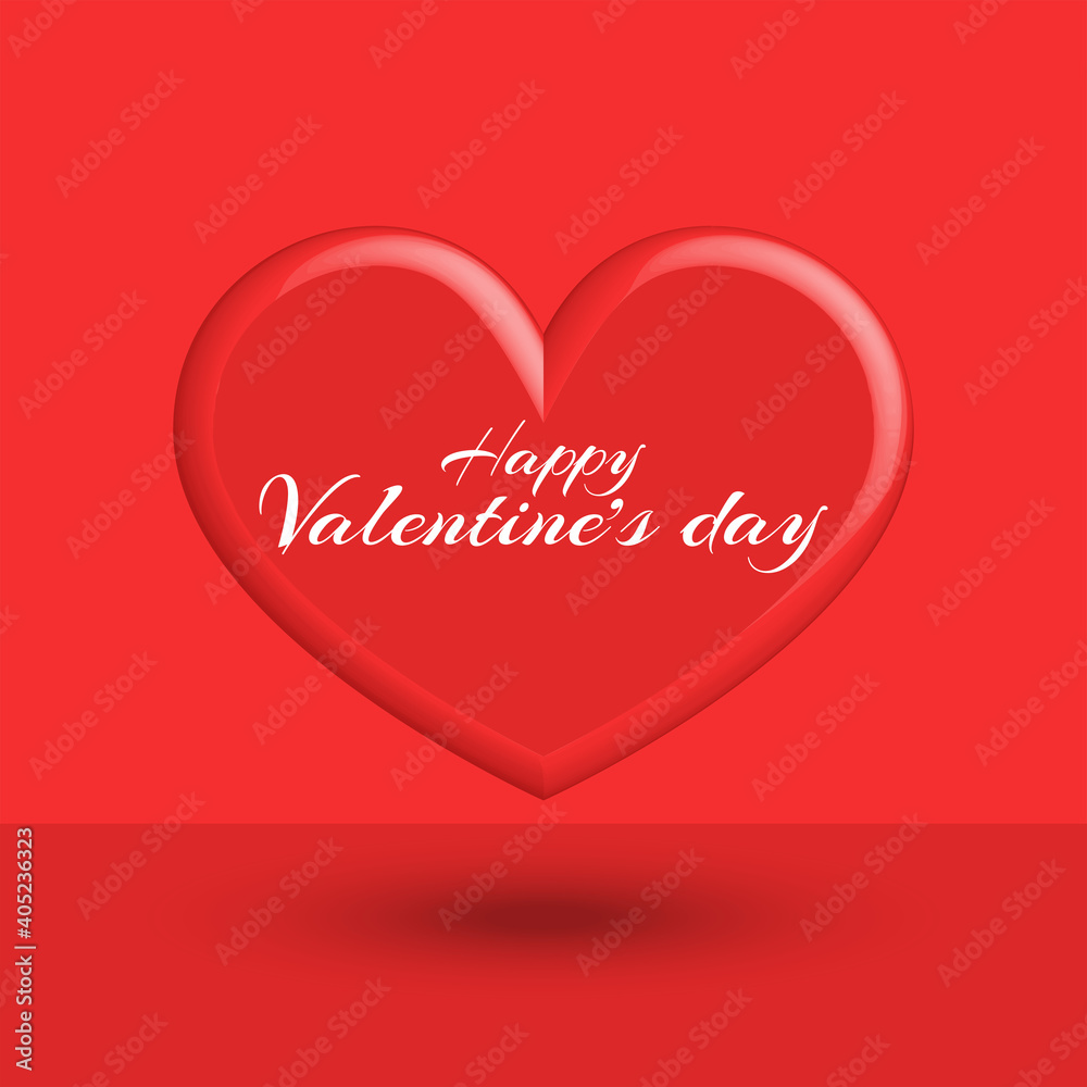 Happy Valentine is day text greeting card mockup minimal design, 3d heart shape on red scene background, creative love holiday decoration.