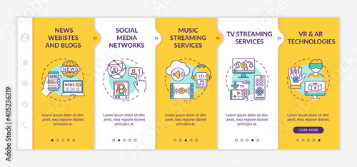 New media examples onboarding vector template. News websites and blogs. Music and TV streaming services. Responsive mobile website with icons. Webpage walkthrough step screens. RGB color concept