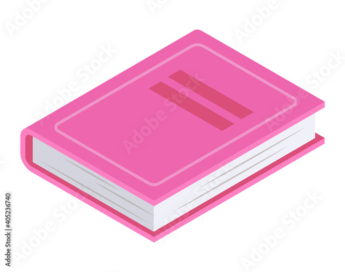 Pink book lying, concept volume icon and girl diary, colorful red journal isometric 3d vector illustration, isolated on white. Research paper and reference book, notebook text format.