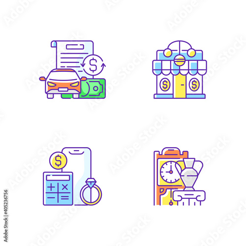 Pawnbroker shop RGB color icons set. Vehicle title loan. Pawnshop. Price calculation. Antiques. Vehicle value. Loaning money business. Selling old and vintage items. Isolated vector illustrations