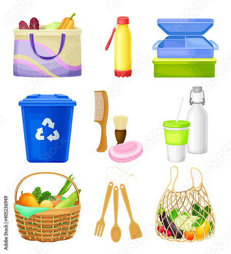 Zero Waste Everyday Items with Purchase Bag and Water Bottle as Reused Objects Vector Set