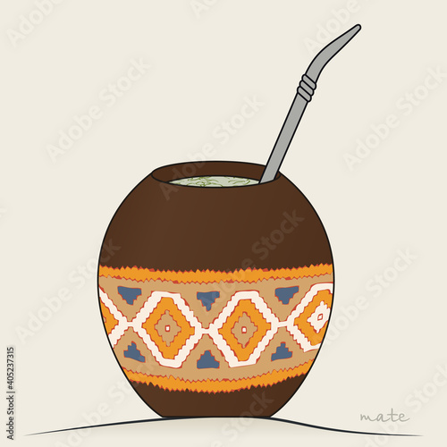 Yerba Mate Tea. Decorated Calabash for Argentine Tradition Beverage