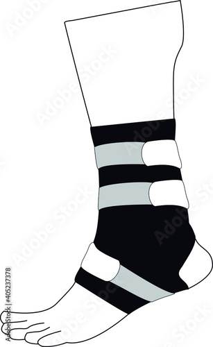 tobillera ortopédica en el tobillo derecho. Ilustración 3 colores (blanco, negro, gris).