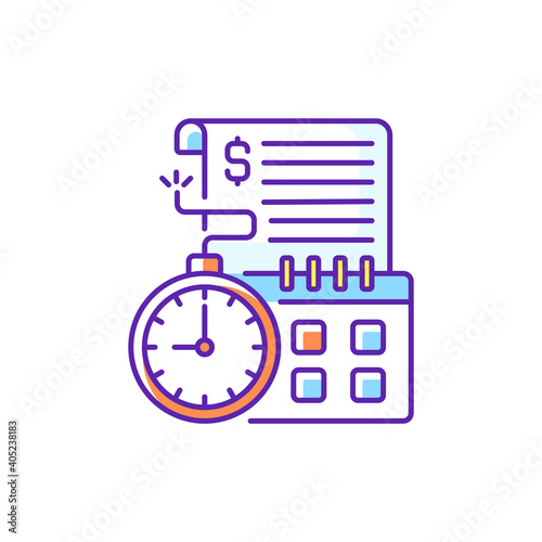 Time limit RGB color icon. Repaying by certain, stated date. Loans with term lengths. Monthly payments. Interest costs. Penalties and interest charges. Time loan terms. Isolated vector illustration