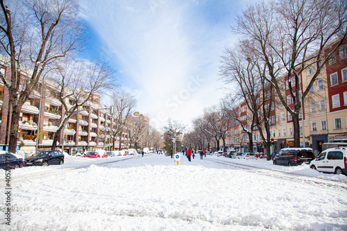 Calles de Madrid cubiertas de nieve por el temporal Filomena. 