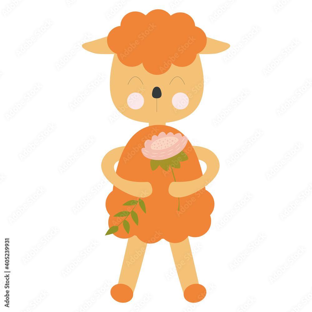 Cartoon sheep. Cute lamb with flower isolated on white background. Cartoon sheep. Cute lamb with flower isolated on white background.