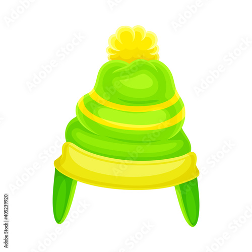 Warm Winter Hat with Pompon and Earflap as Seasonal Headwear Vector Illustration