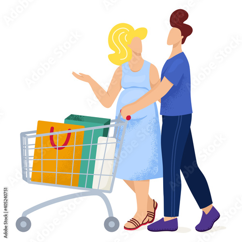 Lovely pair husband male and female wife walk supermarket trolley, mall shopping pregnant woman flat vector illustration, isolated on white. Married couple in love stroll, buying thing clothes.