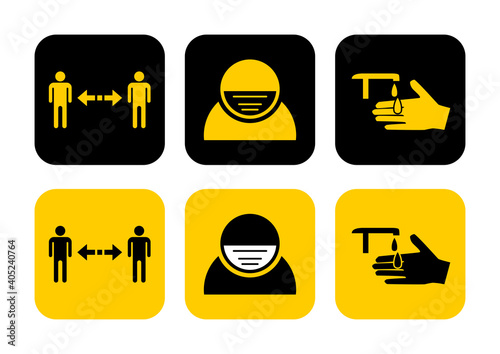 Set of Measure or Instruction Icons against the Spread of Coronavirus Covid-19, including Keep Your Distance, Wear Face Masks and Sanitize Your Hands. Vector Image.