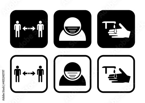 Set of Measure or Instruction Icons against the Spread of Coronavirus Covid-19, including Keep Your Distance, Wear Face Masks and Sanitize Your Hands. Vector Image.