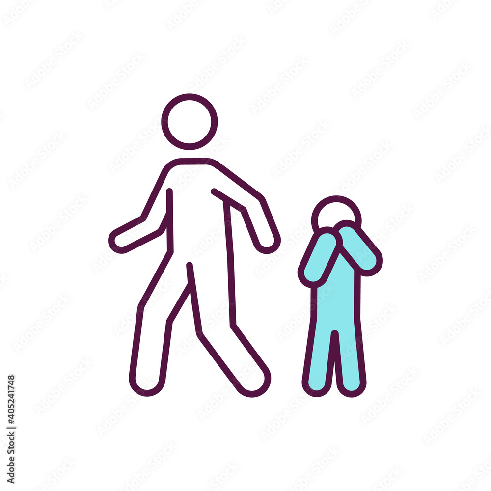 Obraz premium Child neglect RGB color icon. Avoidant parent. Poor family. Upset kid. Sad children. Irresponsible adult. Child maltreatment. Domestic abuse. Father, mother ignore son. Isolated vector illustration
