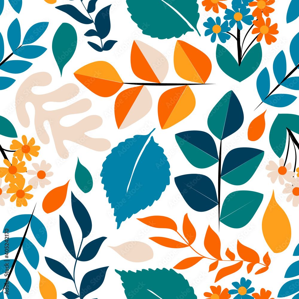 Colorful summer seamless pattern with different leaves, branches and flowers, raster version Colorful summer seamless pattern with different leaves, branches and flowers, raster version