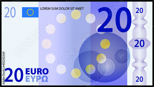 A stylized iconic colourful 20 Euro bank note / paper money.