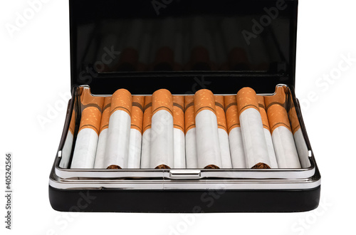 Cigarettes in a metal cigarette case isolate