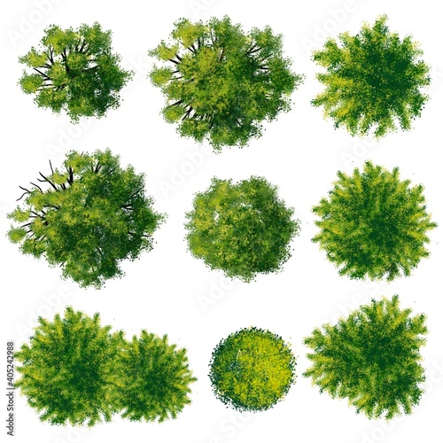 Collection of abstract watercolor green tree top view isolated on white background  for landscape plan and architecture layout drawing  elements for environment and garden  green grass illustration 