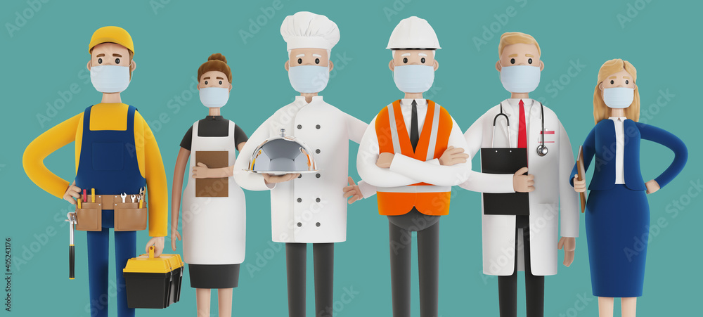 People of different professions in medical masks. Builder, female waiter, cook, engineer, doctor and teacher. Labor Day. 3D illustration in cartoon style. People of different professions in medical masks. Builder, female waiter, cook, engineer, doctor and teacher. Labor Day. 3D illustration in cartoon style.