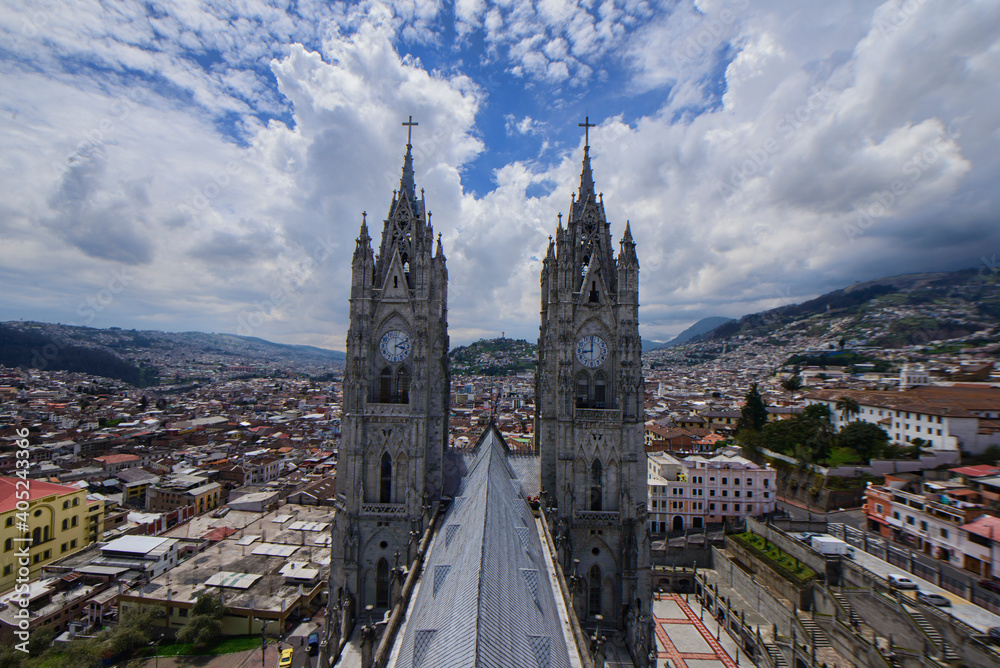 Clock towers on the Basilica of the National Vow (Basílica del Voto Nacional), Quito, Ecuador
