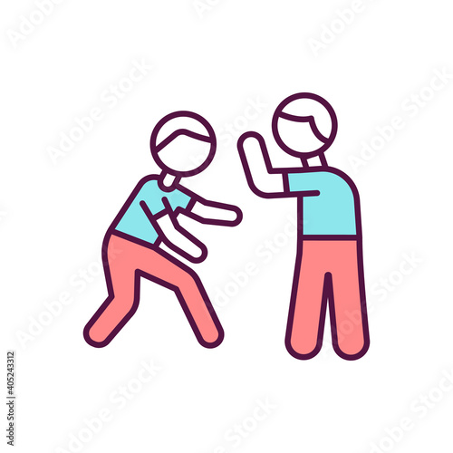 Martial arts training RGB color icon. Self-defense skills for personal protection. Child safety. Judo class. School lesson for fighting practice. Prevent assault. Isolated vector illustration