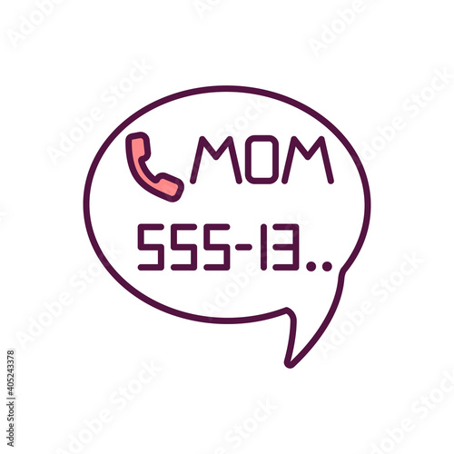 Call mom's phone number RGB color icon. Connect with parent. Parental care. Children memorize mother number. Communication with family. Speech bauble. Child safety. Isolated vector illustration