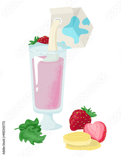 Healthy dairy yogurt milkshake, concept strawberry with mint leaf milk smoothies cartoon vector illustration, isolated on white. Farm lotion drink product, eco organic berry fruit in glass cup.