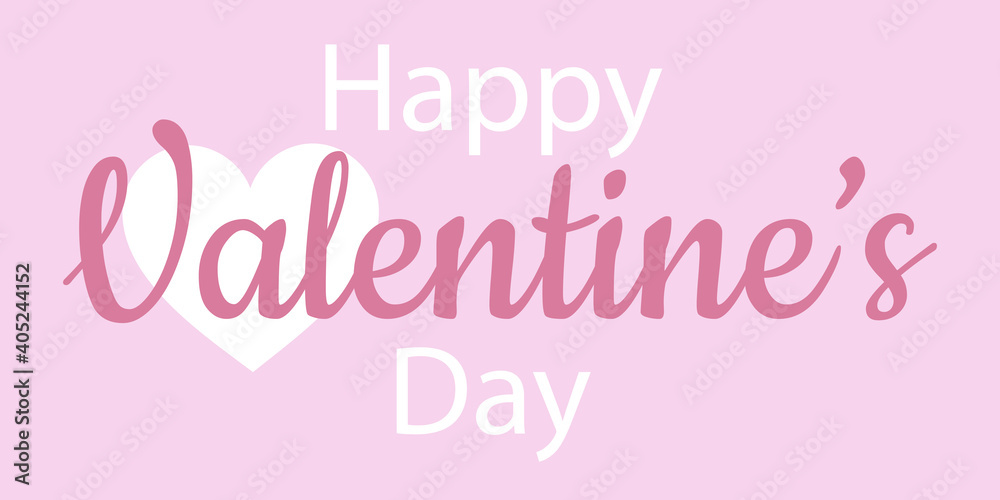 Banner with text: Happy Valentine's Day on a pink background. The heart is white. The text is white and pink. Can be used as a greeting card or poster