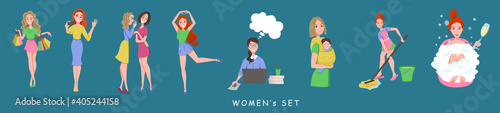 Set of Women. Shopping, taking a selfie, taking a bath, talking to two girlfriends, dancing, working on a laptop, mom with a child in a sling, mopping floors with a mop, vector set