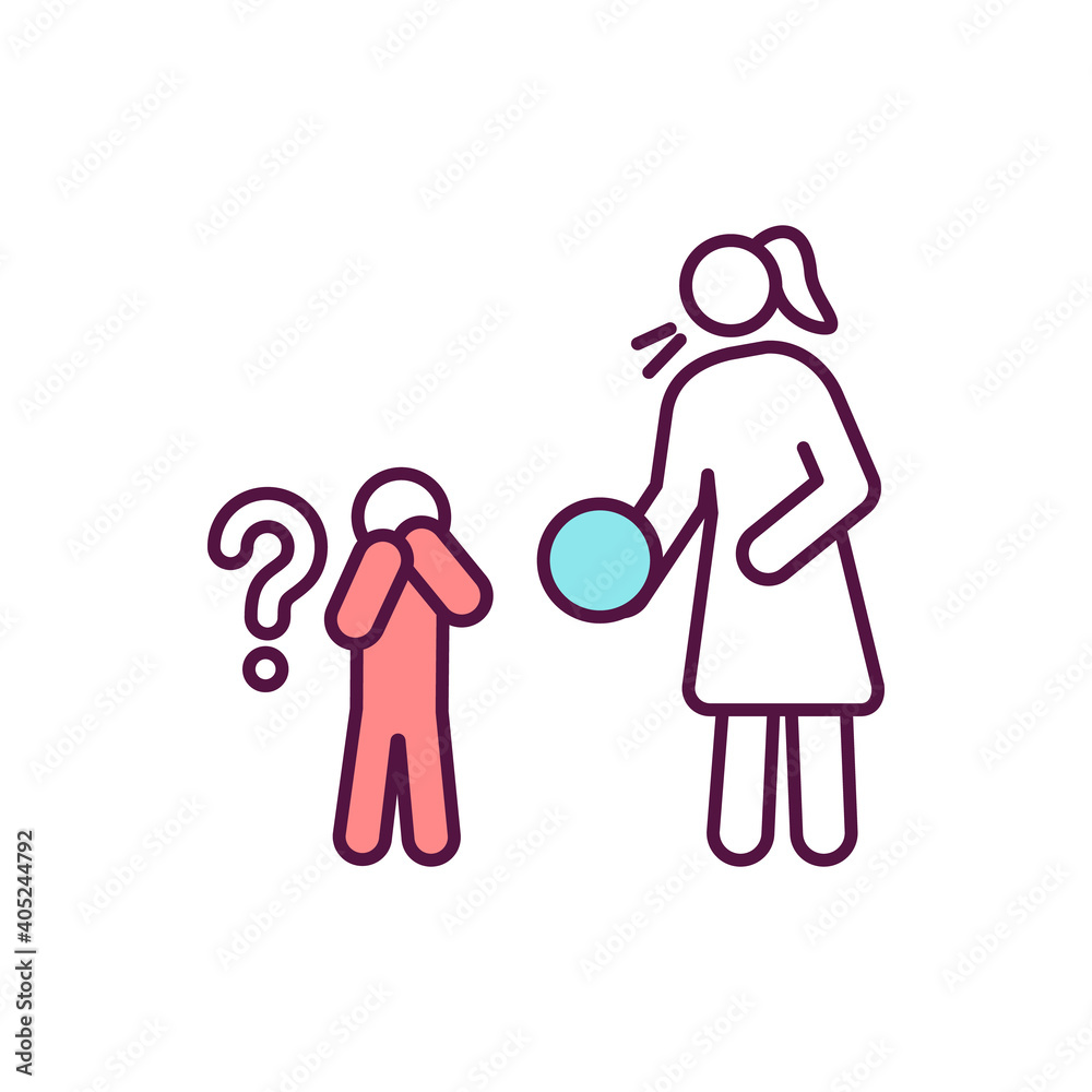 Kid avoid contact with adult RGB color icon. Child refuse game. Social service support for bullied children. Physical abuse sign. Domestic violence symptom. Isolated vector illustration Kid avoid contact with adult RGB color icon. Child refuse game. Social service support for bullied children. Physical abuse sign. Domestic violence symptom. Isolated vector illustration