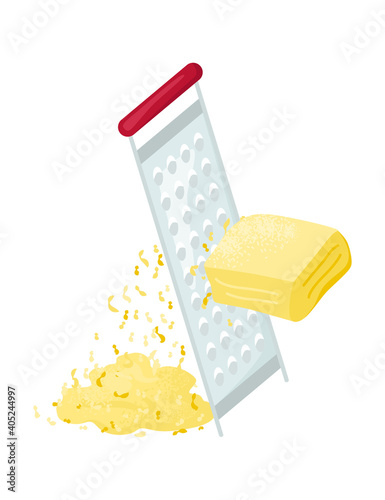 Farm homemade cheese rub metal kitchen grater, dairy eco organic product, milk food hard cheese flat vector illustration, isolated on white icon. Design concept foodstuff meal item, cookware.