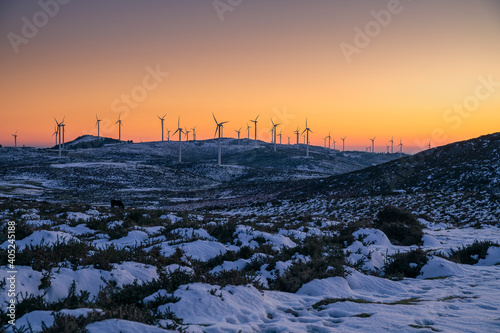 Wind farm in yhe mountains in Galicia, Spain