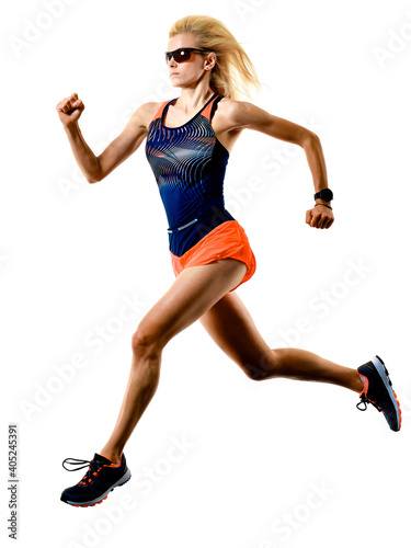 one caucasian beautiful long blond hair woman runner jogger jogging running studio shot isolated on white background © snaptitude