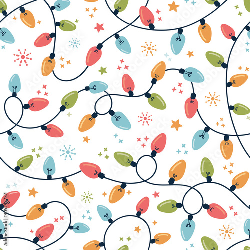 Holiday Christmas and New Year String Colorful Fairy Lights on White Background Vector Seamless Pattern. Winter Holiday Print.