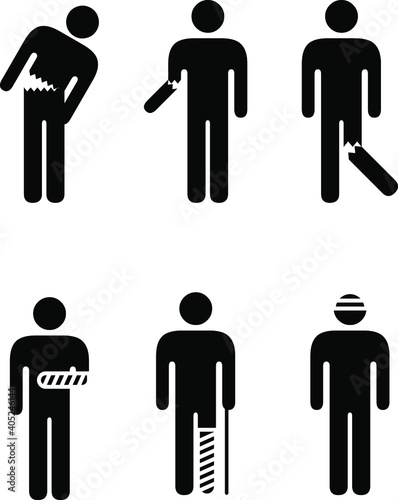 People icons: a variety of injuries.Broken arm, leg, torso, head. Bandaged and plaster casted.