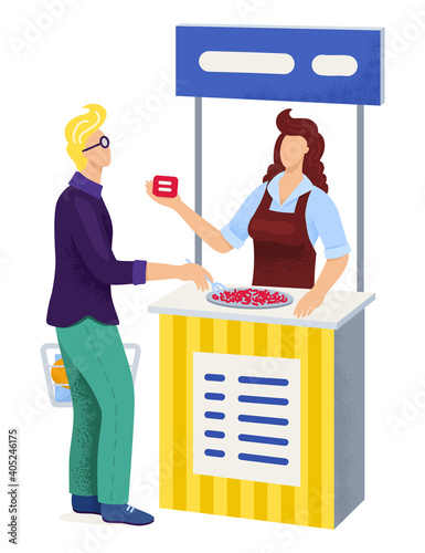 Male buyer character hold food basket in supermarket talk with female seller promo action cartoon vector illustration, isolated on white. Concept advertising foodstuff shop, girl carry product.