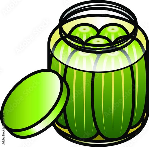 A large jar of crisp tart sweet and sour pickles.