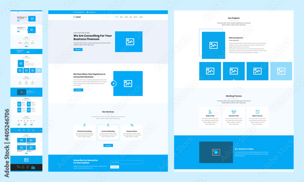 One page landing website design template for business. Landing page UX UI wireframe. Flat modern responsive design. website: home, about us, services, newsletter, projects, working process,  team. 