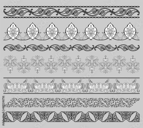 Set of 7 repeatable vintage vector borders. Decorative arabian arabesque style seamless ornaments in monochrome black and white colors for custom frames.
