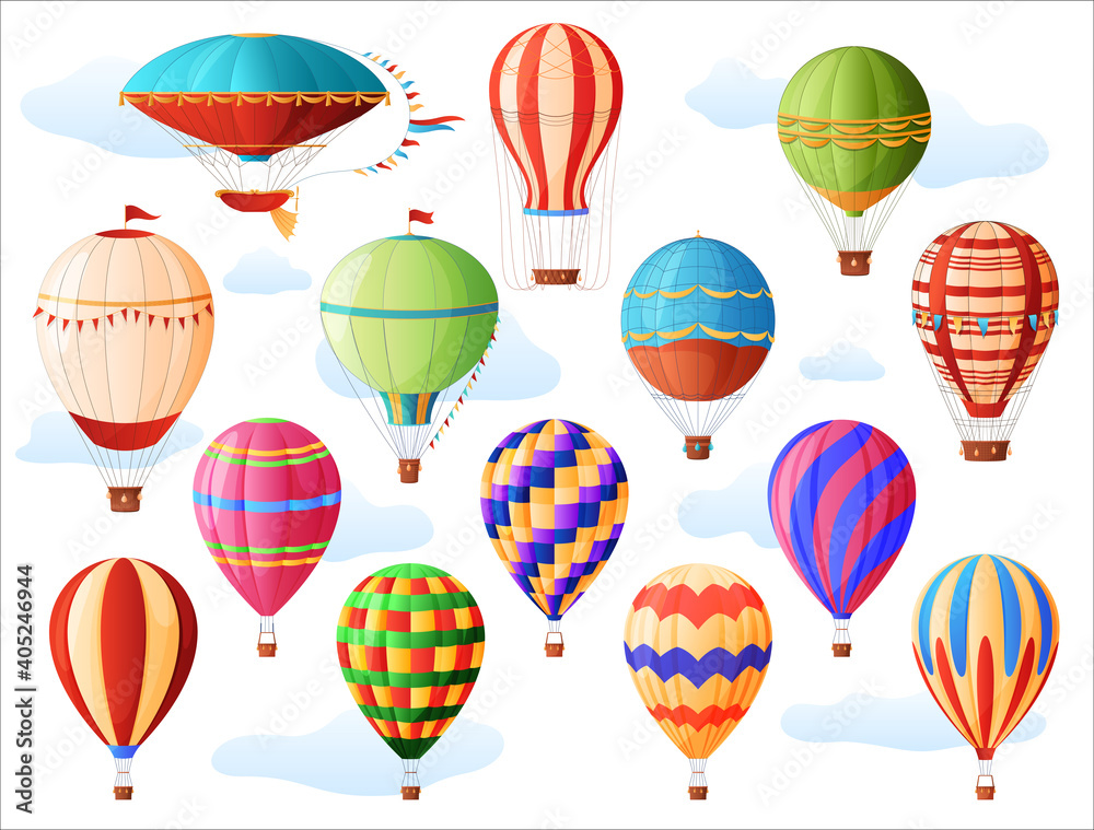 Set of hot air balloons, different colors and shapes, vintage hot air balloons. Aeronautics. Vector illustration