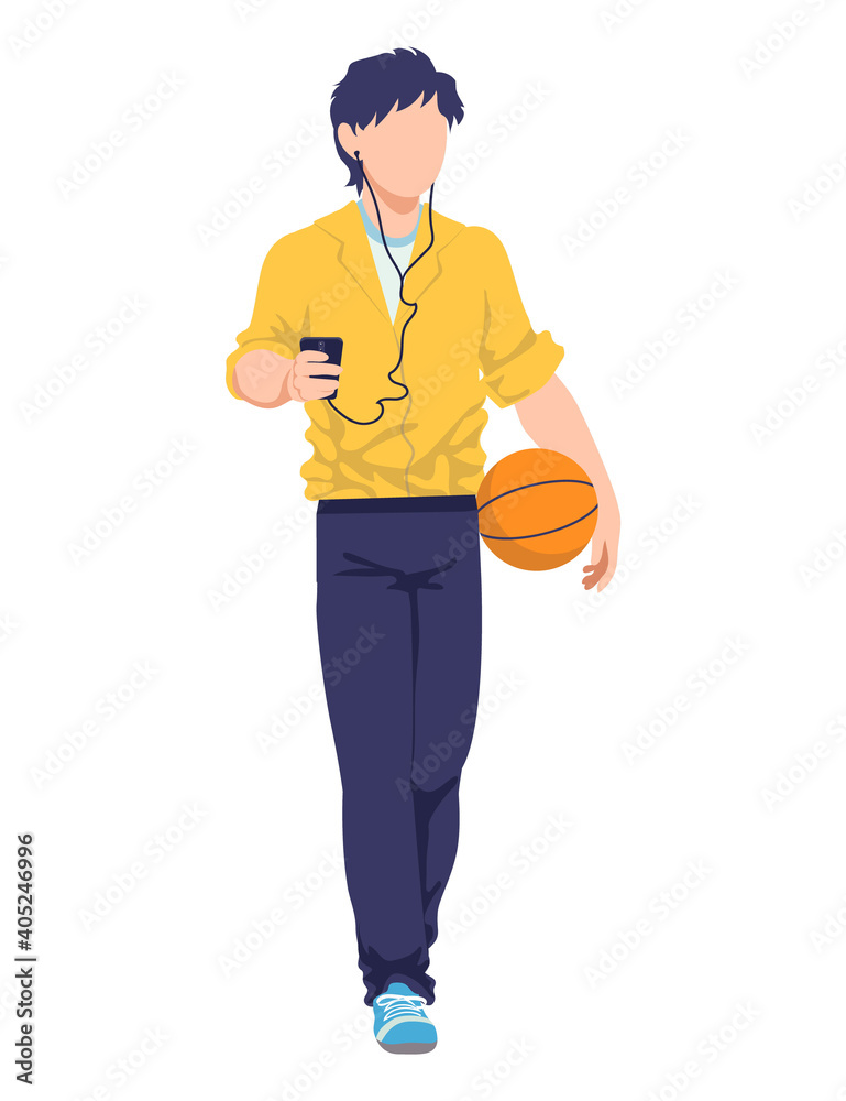 Fototapeta premium Modern teenager fashion, young male character listen music headphones and hold basketball ball cartoon vector illustration, isolated on white. Concept design teen clothing style, man walking.