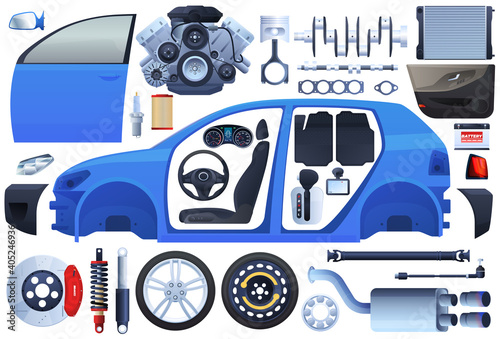 Set of car parts. Body, chassis, engine, wheels, suspension, interior, seat. Vector illustration