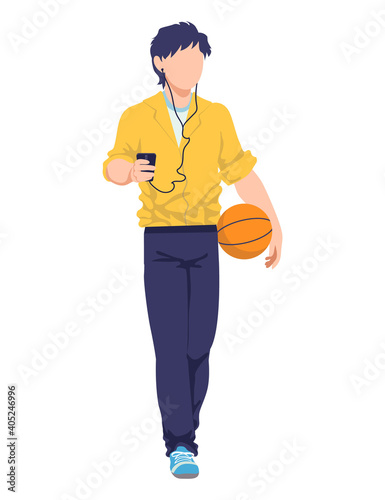 Modern teenager fashion, young male character listen music headphones and hold basketball ball cartoon vector illustration, isolated on white. Concept design teen clothing style, man walking.